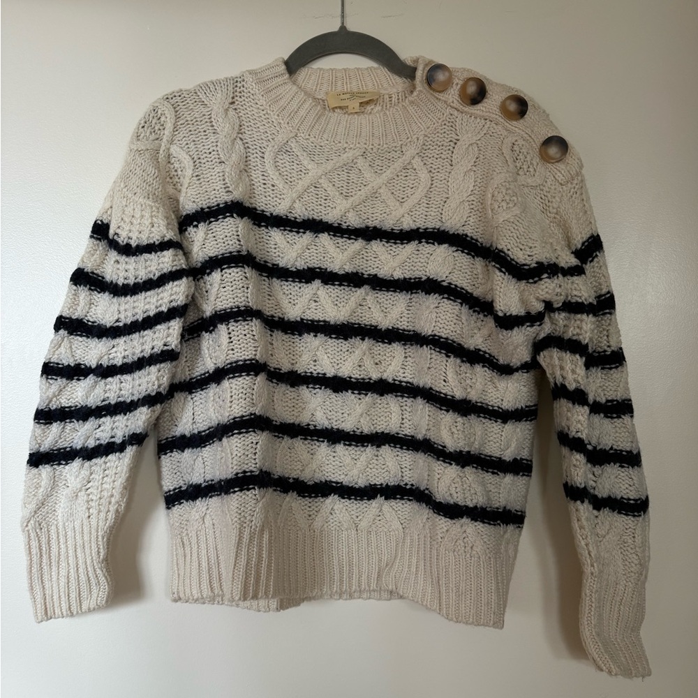 Striped Cable Knit Sweater with Button Detail